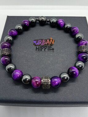 Spiritual Bead Bracelet Purple Tiger's Eye Hematite Magnetic Clasp Men Women